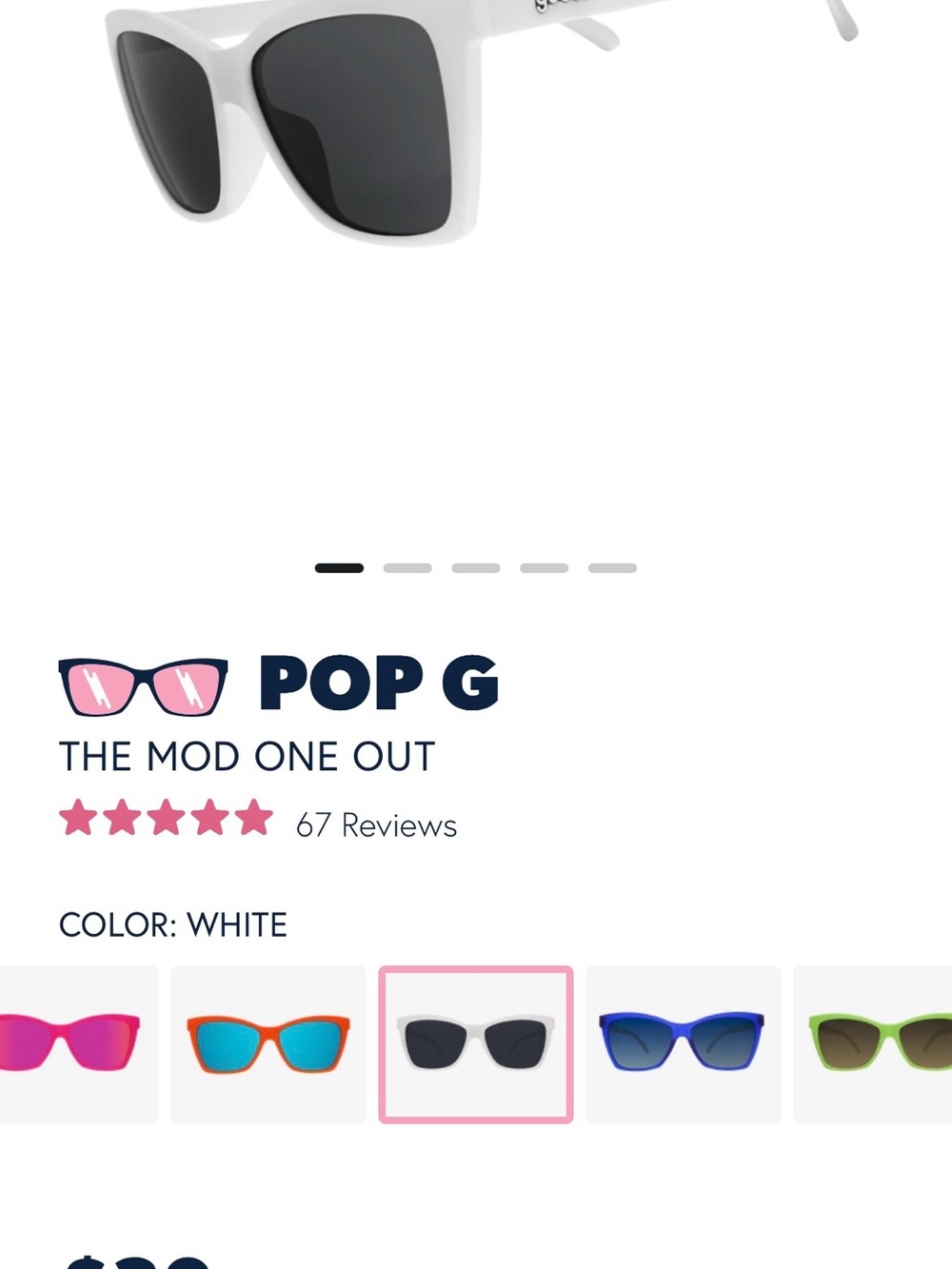 NWOT goodr “The Mod One Out”White Cat-Eye Sunglasses for with Dark Lenses